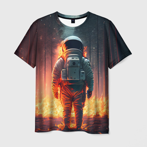 Мужская футболка с принтом Космонавт в горящем лесу, вид спереди №1