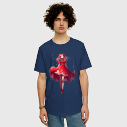 Мужская футболка хлопок Oversize Аниме девушка в красном платье - фото 2
