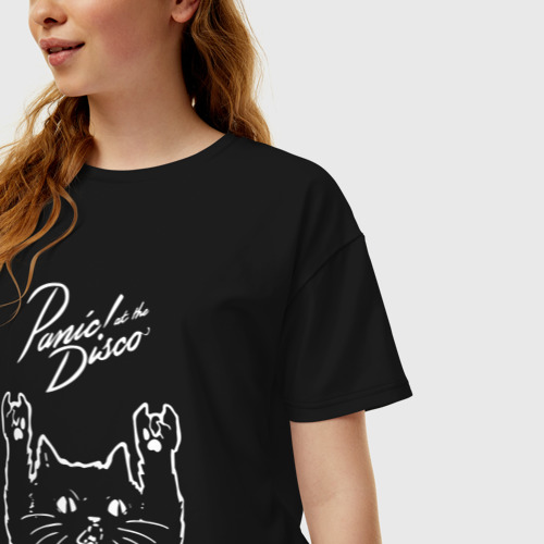 Женская футболка хлопок Oversize Panic! At the disco рок кот, цвет черный - фото 3