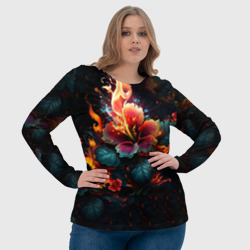Лонгслив с принтом Огненный цветок на темном фоне для женщины, вид на модели спереди №4. Цвет основы: белый