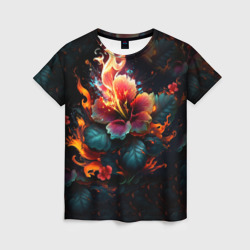 Женская футболка 3D Огненный цветок на темном фоне