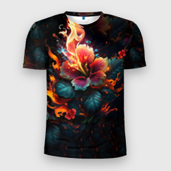 Мужская футболка 3D Slim Огненный цветок на темном фоне