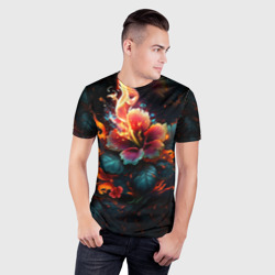 Мужская футболка 3D Slim Огненный цветок на темном фоне - фото 2