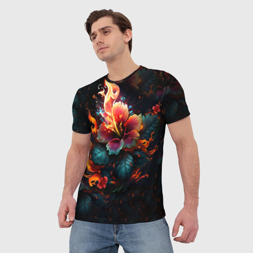 Мужская футболка 3D Огненный цветок на темном фоне, цвет 3D печать - фото 3