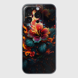 Чехол для iPhone 15 Pro силиконовый с защитой камеры Огненный цветок на темном фоне