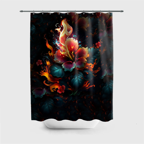 Штора 3D для ванной Огненный цветок на темном фоне