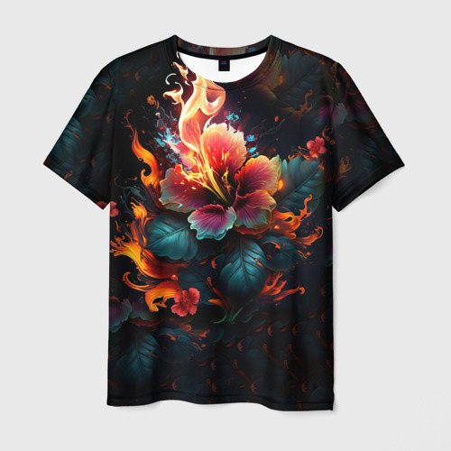 Мужская футболка с принтом Огненный цветок на темном фоне, вид спереди №1