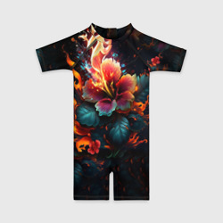 Детский купальный костюм 3D Огненный цветок на темном фоне