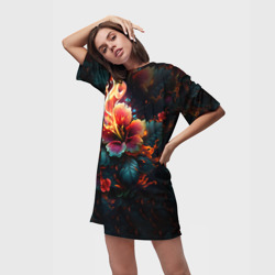 Платье-футболка 3D Огненный цветок на темном фоне - фото 2