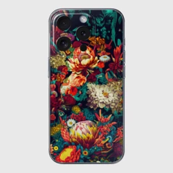 Чехол для iPhone 15 Pro силиконовый с защитой камеры Цветочный паттерн с листьями