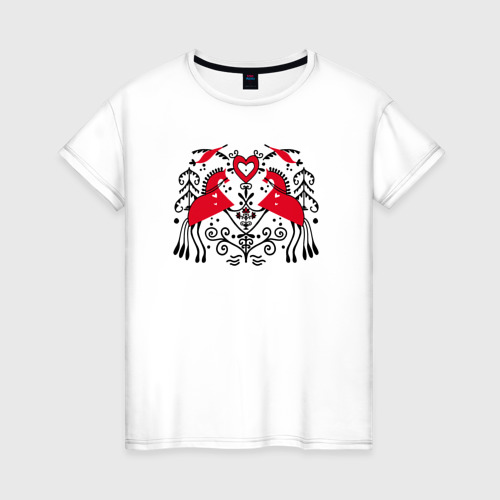 Женская футболка из хлопка с принтом Любовь, мезенская роспись, вид спереди №1