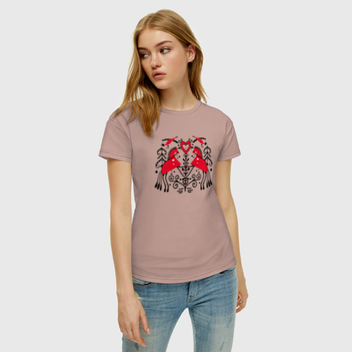 Женская футболка хлопок Любовь, мезенская роспись, цвет пыльно-розовый - фото 3