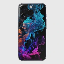 Чехол для iPhone 16 Pro силиконовый с защитой камеры Неоновый цветной дым на черном фоне
