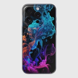 Чехол для iPhone 15 Pro силиконовый с защитой камеры Неоновый цветной дым на черном фоне