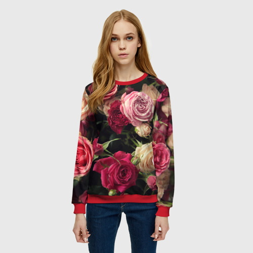 Женский свитшот 3D с принтом Нежные кустовые розы, фото на моделе #1