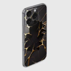 Чехол для iPhone 16 Pro Max силиконовый с защитой камеры Трещины в пропасть: черно-золотой узор разлом - фото 2
