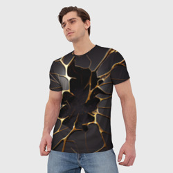 Мужская футболка 3D Трещины в пропасть: черно-золотой узор - фото 2