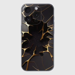 Чехол для iPhone 15 Pro силиконовый с защитой камеры Трещины в пропасть: черно-золотой узор разлом