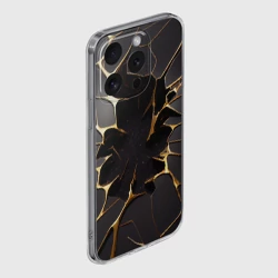 Чехол для iPhone 15 Pro силиконовый с защитой камеры Трещины в пропасть: черно-золотой узор разлом - фото 2