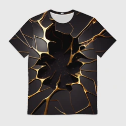Мужская футболка 3D Трещины в пропасть: черно-золотой узор разлом