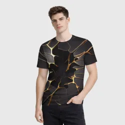 Мужская футболка 3D Трещины в пропасть: черно-золотой узор разлом - фото 2