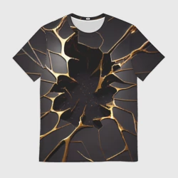 Мужская футболка 3D Трещины в пропасть: черно-золотой узор разлом
