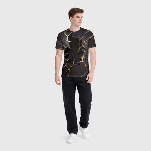 Мужская футболка 3D с принтом Трещины в пропасть: черно-золотой узор разлом, вид сбоку #3