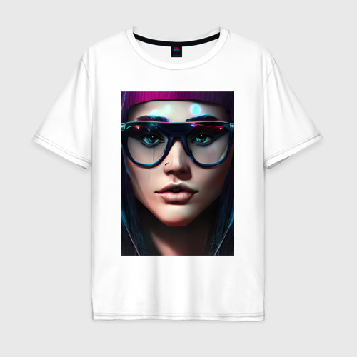 Мужская футболка хлопок Oversize с принтом Девушка в стиле киберпанк, вид спереди #2