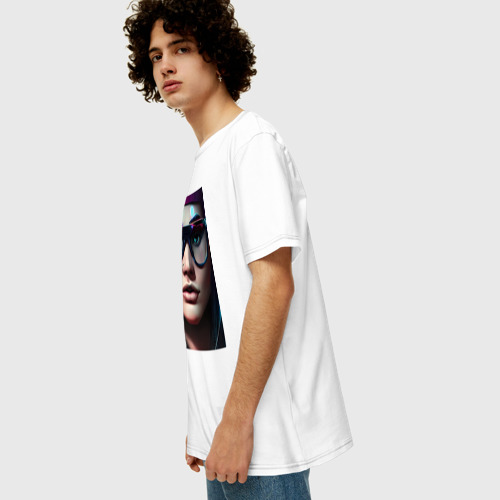 Мужская футболка хлопок Oversize с принтом Девушка в стиле киберпанк, вид сбоку #3