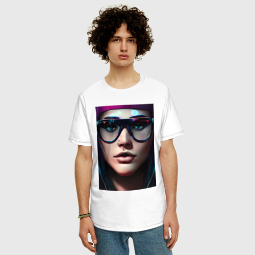 Мужская футболка хлопок Oversize с принтом Девушка в стиле киберпанк, фото на моделе #1