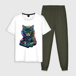Мужская пижама с белой футболкой хлопок Кот диджей
