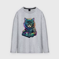Женский лонгслив oversize хлопок Кот диджей