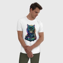 Мужская пижама с белой футболкой хлопок Кот диджей - фото 2