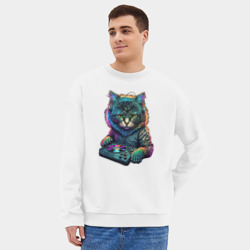 Мужской свитшот oversize без начеса хлопок Кот диджей - фото 2