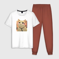 Мужская пижама с белой футболкой хлопок Cat smiling meme art