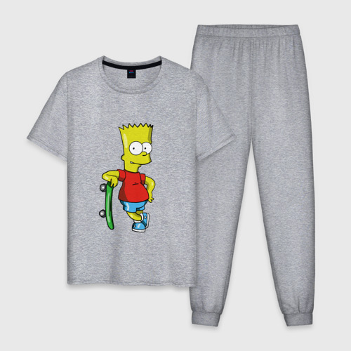 Мужская пижама хлопок с принтом Барт и скейт, вид спереди #2