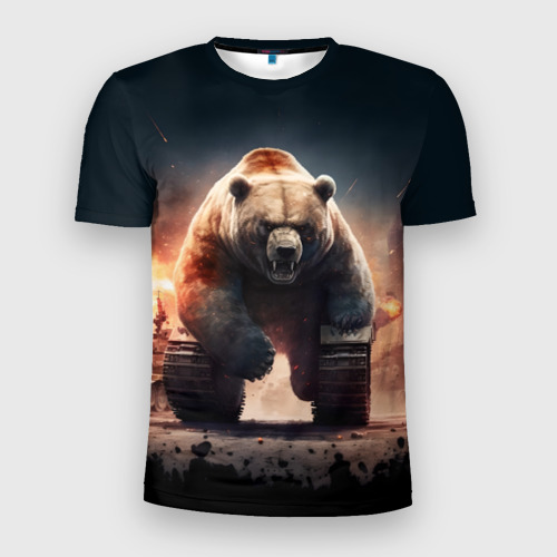 Мужская футболка 3D Slim с принтом Медведь-танк, вид спереди #2