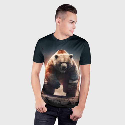Мужская футболка 3D Slim с принтом Медведь-танк, фото на моделе #1