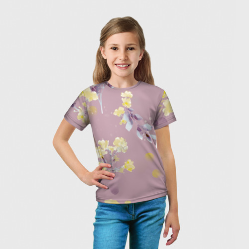 Детская футболка 3D с принтом Паттерн с цветами на пыльном розовом фоне, вид сбоку #3