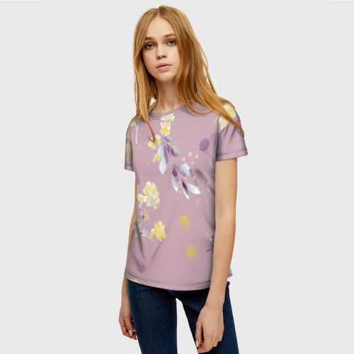 Женская футболка 3D с принтом Паттерн с цветами на пыльном розовом фоне, фото на моделе #1