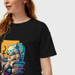 Женская футболка хлопок Oversize Кот геймер в кресле - фото 2