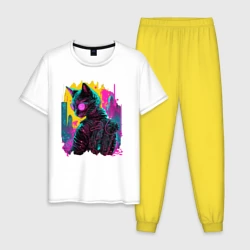 Мужская пижама с белой футболкой хлопок Киберпанк кот в очках