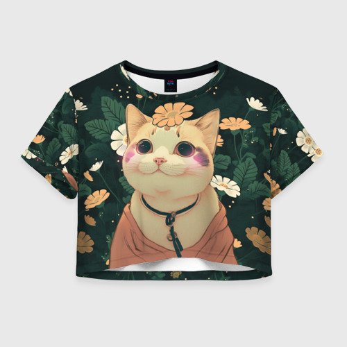 Женская футболка Crop-top 3D Смущённый мемный котик, цвет 3D печать
