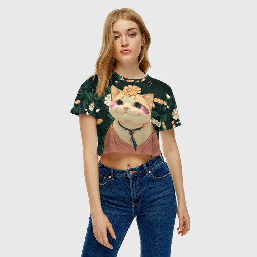 Женская футболка Crop-top 3D Смущённый мемный котик, цвет 3D печать - фото 4