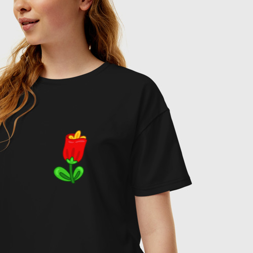 Женская футболка хлопок Oversize с принтом Мультяшный красный цветок, фото на моделе #1