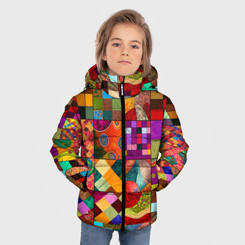 Зимняя куртка для мальчиков 3D с принтом Лоскутное шитье, пэчворк из нейросети, фото на моделе #1