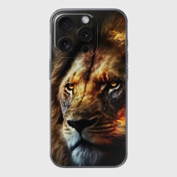 Чехол для iPhone 15 Pro Max силиконовый с защитой камеры Лев и огонь