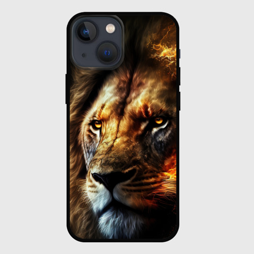 Чехол для iPhone 13 mini с принтом Лев и огонь, вид спереди #2