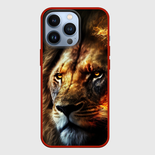 Чехол для iPhone 13 Pro Лев и огонь, цвет красный