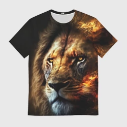 Мужская футболка 3D Лев и огонь